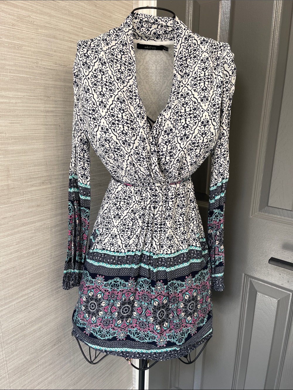 Ark & Co White & Black Mini Dress with Teal and Pink Accents